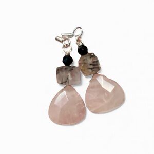 🌓 genuine rose quartz, black rutile and spinel earrings